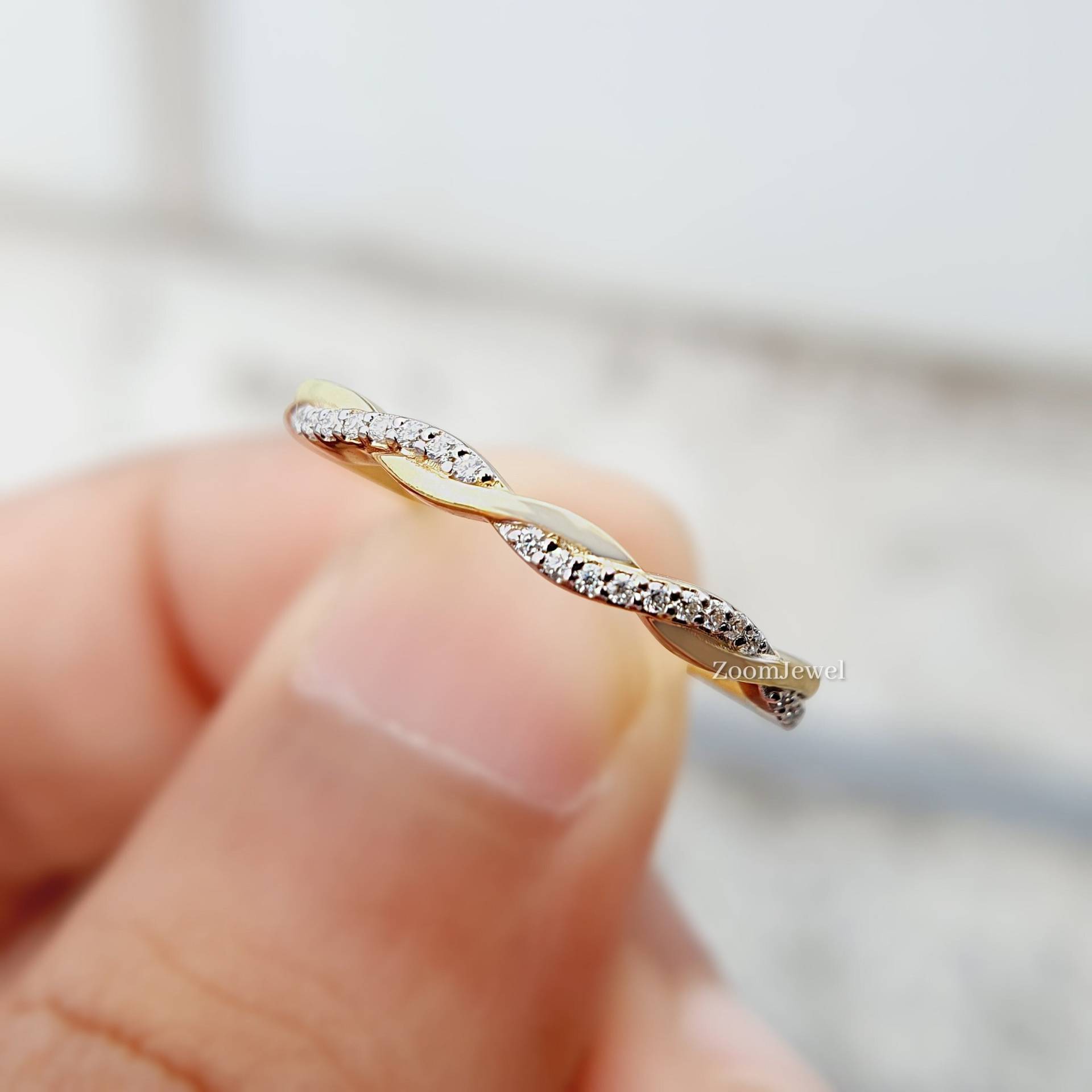 Diamant Ehering, Solid Gold Infinity Band, Halber Eternity Ring, Geflochtener Stapelbar Zierliche Twist Ehering von zoomjewel