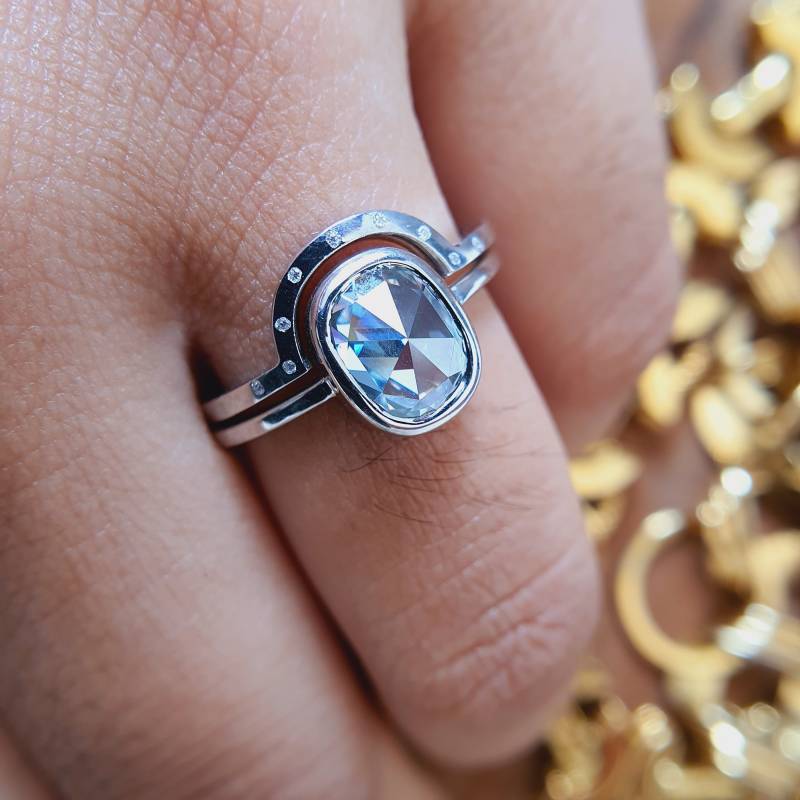 Kissen Rosenschliff Ring | Farbiger Moissanit 14K Gold Ehering Set Hellblauer Kissenring Solitär Diamant Verlobungsring von zoomjewel