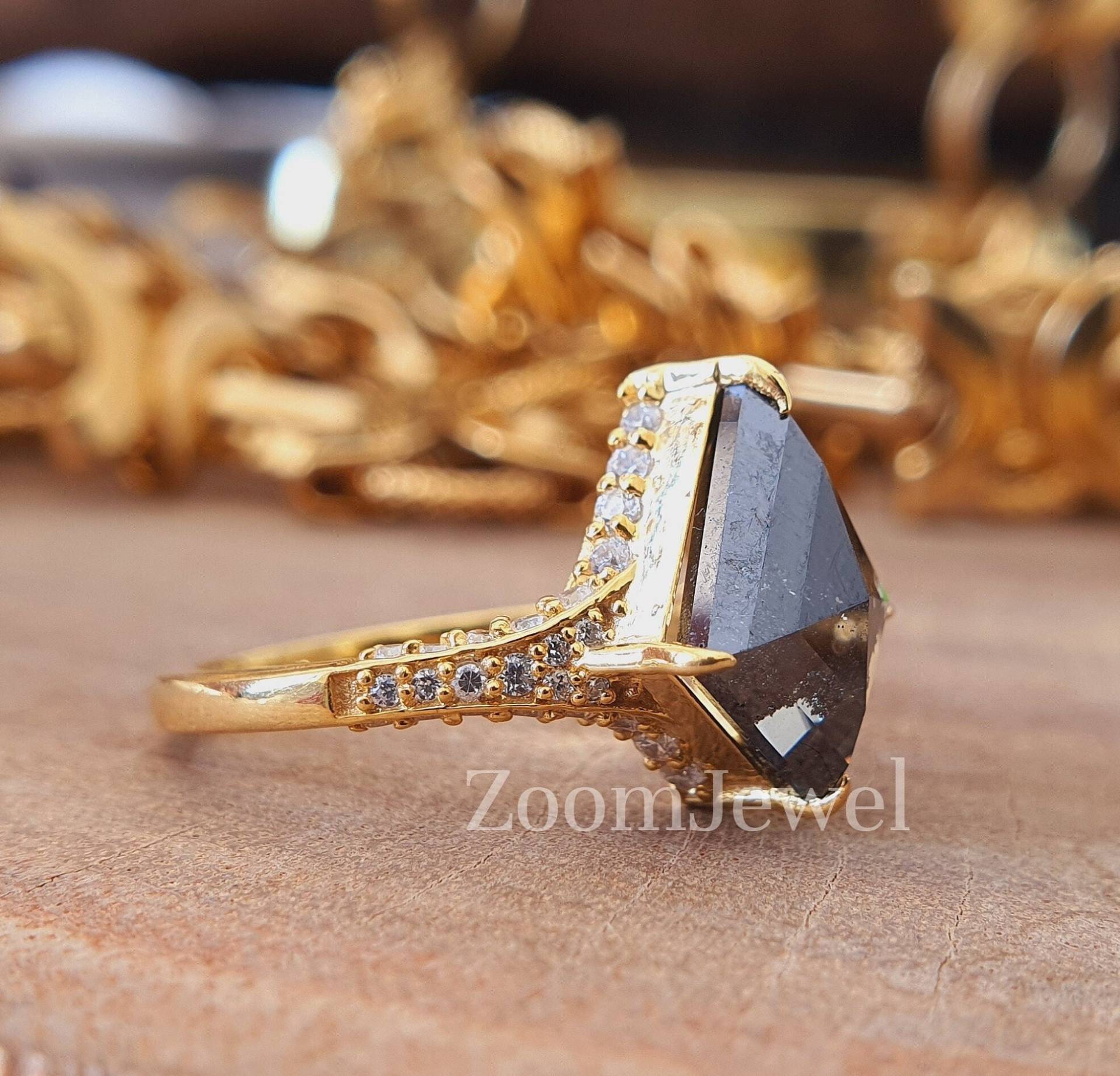 Kite Cut Salz Und Pfeffer Diamant Verlobungsring| 14K Antik Gold Art Deco Halbe Ewigkeit Ehering Versprechensring Für Sie von zoomjewel