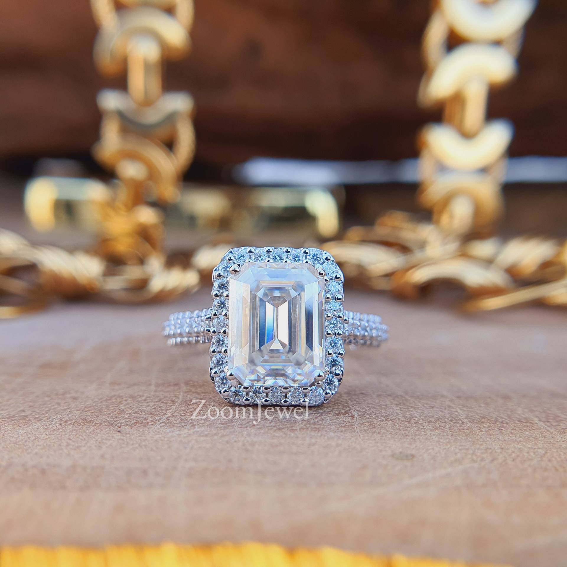 Smaragdschliff Verlobungsringe Halo Diamantring Mit Versteckten Diamanten Geschenk Für Sie Benutzerdefinierter Moissanit Ehering Brautring Frauen von zoomjewel