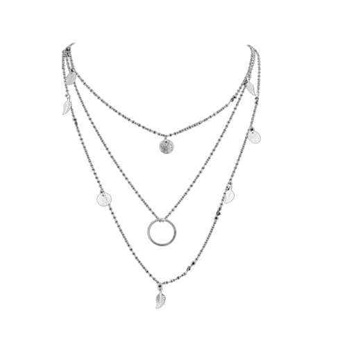 Damen Mehrreihige Kette Silber mit Blatt Anhänger für Frauen Mädchen,3 Reihig Personalisierter Blätter Plättchen Modeschmuck Boho Halskette Choker Geburtstag Geschenk für Freundin Mutter Junge Frau von zooting