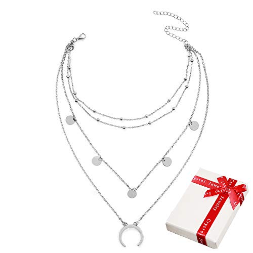 Damen Mehrreihige Kette Silber mit Mond Anhänger für Frauen Mädchen,4 Reihig Personalisierter Halbmond Plättchen Modeschmuck Boho Halskette Choker Geburtstag Geschenk für Freundin Mutter Junge Frau von zooting