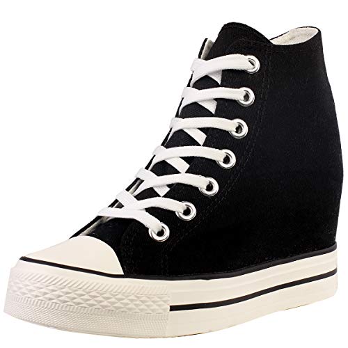 zpllsbratos Damen Keilabsatz Canvas Sneaker High Top Plateau Turnschuhe Freizeit Schuhe Stifelleten(Schwarz,36) von zpllsbratos