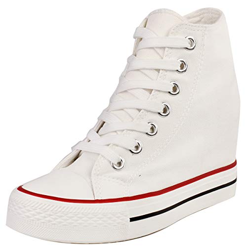 zpllsbratos Damen Keilabsatz Canvas Sneaker High Top Plateau Turnschuhe Freizeit Schuhe Stifelleten(Weiß,35) von zpllsbratos