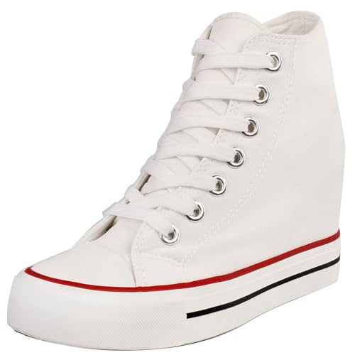 zpllsbratos Damen Keilabsatz Canvas Sneaker High Top Plateau Turnschuhe Freizeit Schuhe Stifelleten(Weiß,38) von zpllsbratos