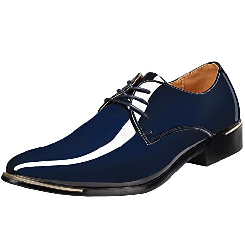 zpllsbratos Herren Lederschuhe Lackschuhe Derby Schnürhalbschuhe Oxford Hochzeit Schuhe 38-48(Blau,46) von zpllsbratos