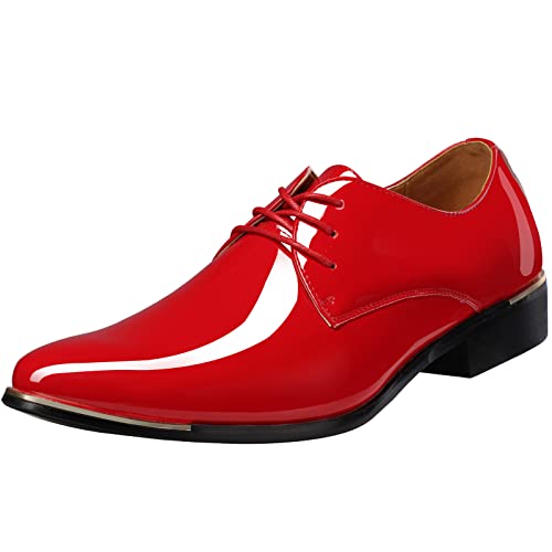 zpllsbratos Herren Lederschuhe Lackschuhe Derby Schnürhalbschuhe Oxford Hochzeit Schuhe 38-48(Rot,47) von zpllsbratos