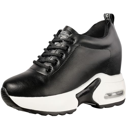 zpllsbratos Sneakers Leder Keilabsatz Plateau Damen 34-40 Freizeitschuhe Mode Mit Absatz 10 cm Bequem Elegant(Schwarze，40 von zpllsbratos