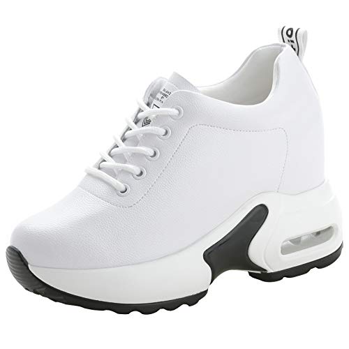 zpllsbratos Sneakers Leder Keilabsatz Plateau Damen 34-40 Freizeitschuhe Mode Mit Absatz 10 cm Bequem Elegant(Weiße,40) von zpllsbratos