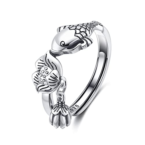 Ring Silber, Fisch-Lotus-Ring, Silberring Damen 925 Silber, Verstellbare Ringe mit Geschenkbox von ifoofi