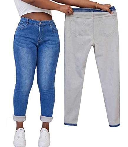 zsangbee Damen Plus Size Fleece Gefüttert Jeans Winter Thermo Skinny Flanell Gefüttert Denim Jeans, Buttonzip Blue 2, XL Große Größen Kurz von zsangbee