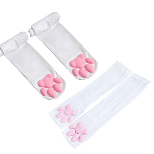 ztowoto Süße Katze Pfote Pad Oberschenkel Hohe Socken, Rosa 3D Kätzchen Klaue Fäustlinge Lange Fingerlose Handschuhe für Mädchen Frauen Katze Cosplay von ztowoto