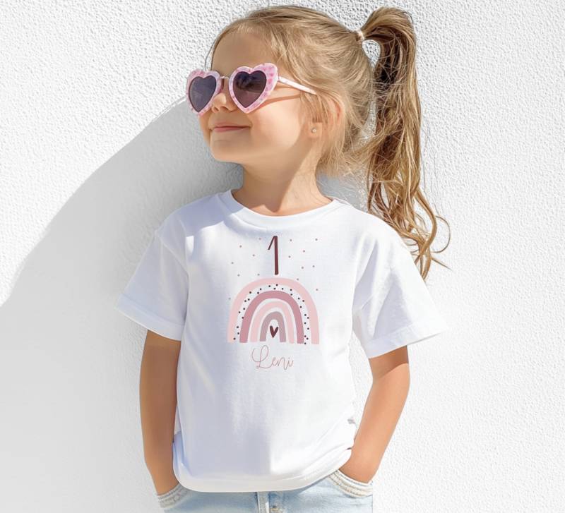 T-Shirt Regenbogen Geburtstagsshirt Kurz Oder Langarm Personalisiert Geburtstagskind Mädchen Weiß Dunkelblau von zuckerputzig