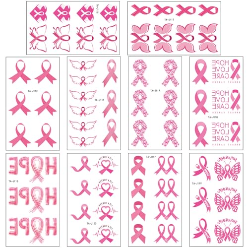 10 Blätter Band Tätowierter Aufkleber Brustkrebserkrankungen Bewusstsein Aufkleber Temporäre Krebserkrankungen Unterstützen Tätowiert Für Mädchen Frauen von zuousxbs