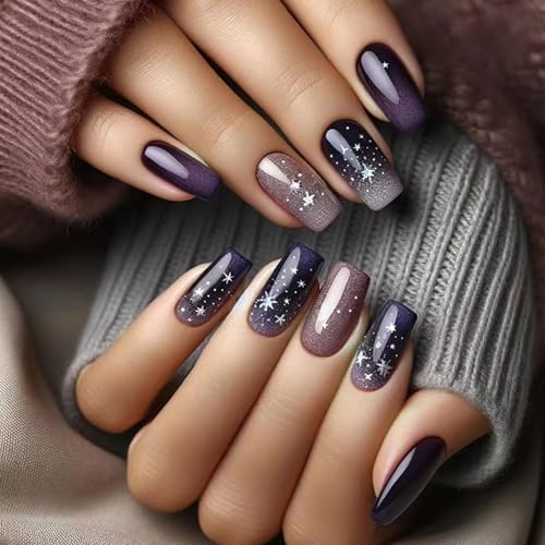 24pcs Square Press Auf Nägeln Winter Blue Starlit Full Covers False Nails Set Stick On Nails Maniküre Für Frauen Girls Party Bereit Nagel von zuousxbs