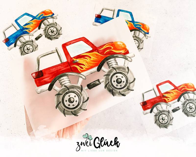 Bügelbild Monstertruck | Bügelpatches Textilaufkleber Monster-Truck Zum Aufbügeln Bügelmotiv Für Kinder Zweiglück von zweiglueck
