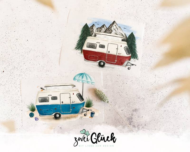 Bügelbild "Retro Wohnwagen" in Zwei Farben | Bügelpatches Camping Textilaufkleber Zum Aufbügeln Bügelmotiv Camper Bügelbild "Retro Wohnwagen" in Zwei Farben | Bügelpatches Camping Textilaufkleber Zum Aufbügeln Bügelmotiv Camper von zweiglueck