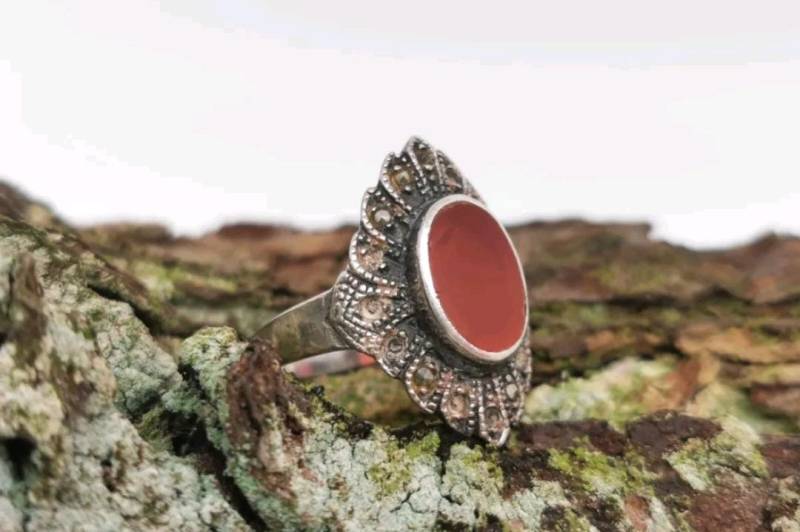 Charmanter Vintage 925 Silber Ring Größe Ca 62 Jugendstil 60Er Art Deco Carneolfarben Markasiten von zweitwert