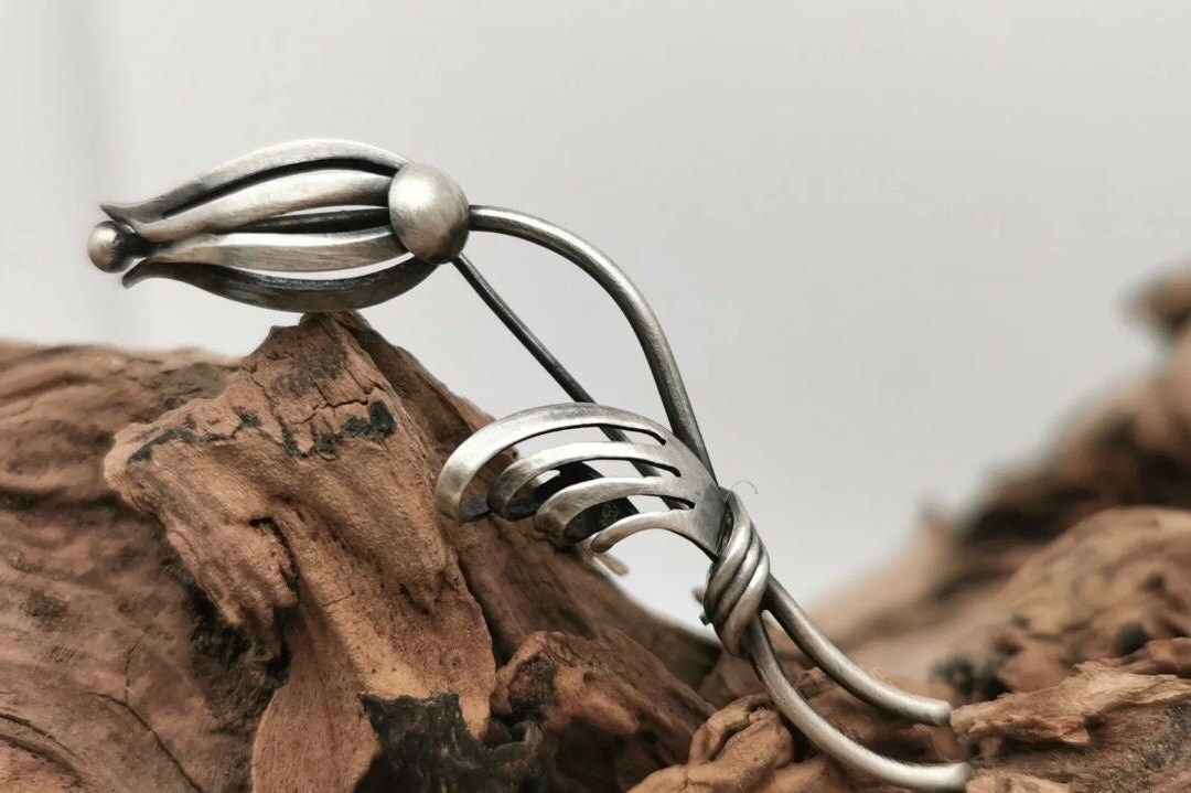 Edle Vintage 800 Silber Art Deco Blume Blüte Tulpen Brosche Anstecknadel Mid Century Modern von zweitwert