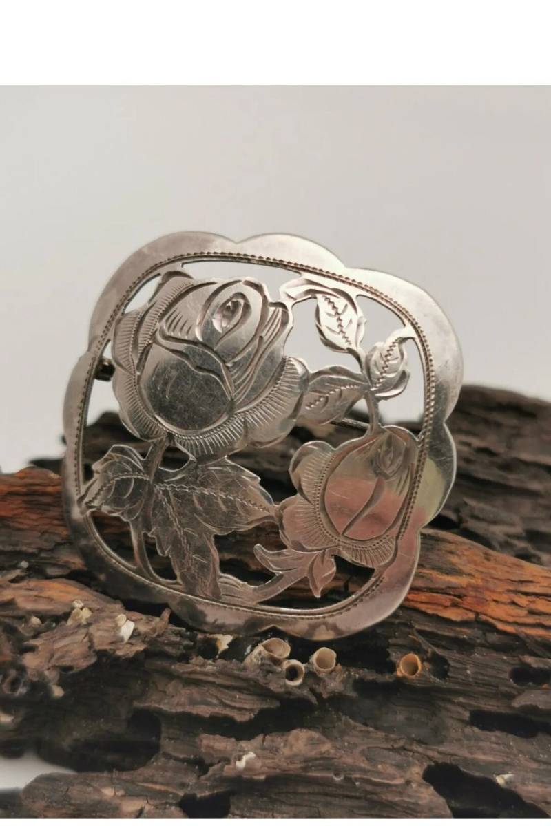Florale Antike 835 Silber Art Deco Brosche Anstecknadel Mid Century Modern Handarbeit Blumen Floral Durchbrucharbeit von zweitwert