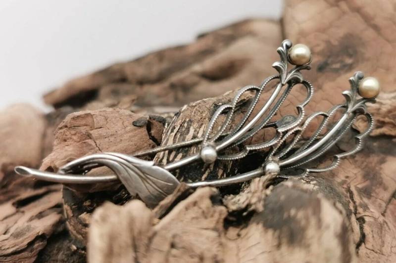 Hübsche Vintage 800 Silber Art Deco Blume Blüten Brosche Anstecknadel Mid Century Modern Perlen von zweitwert