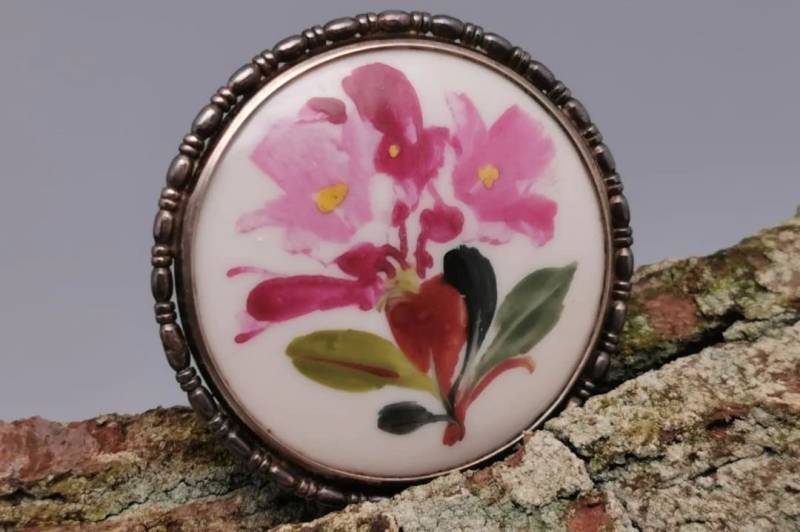Runde Antike Vintage 835 Silber Rosenthal Art Deco Porzellan Brosche Anstecknadel Mid Century Modern Handbemalt Blumen Floral von zweitwert