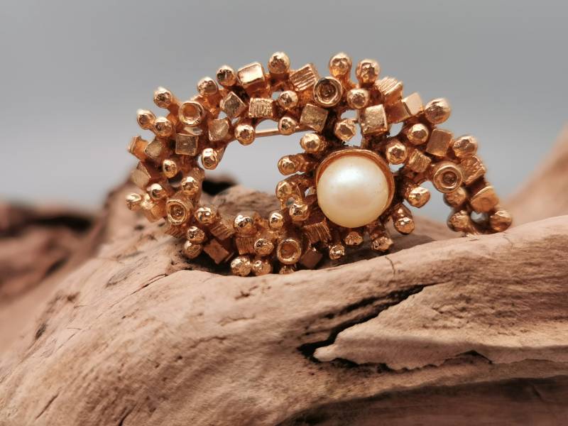 Vintage 60Er Jahre Modernist Modeschmuck Brosche Brutalist Goldfarben 70Er Perle von zweitwert