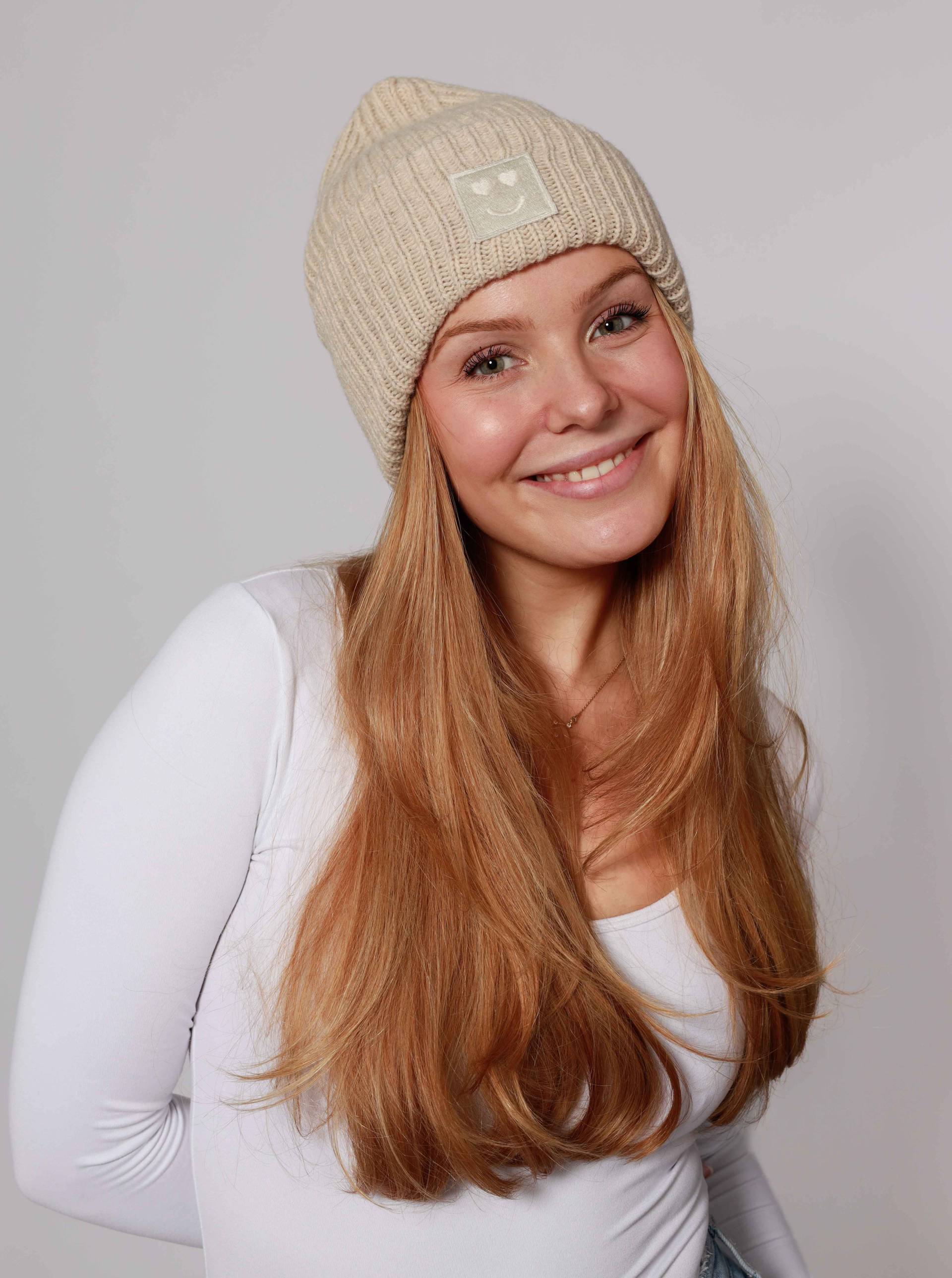 Zwillingsherz Strickmütze "Smile" Grobstrick, Smile Patch von zwillingsherz