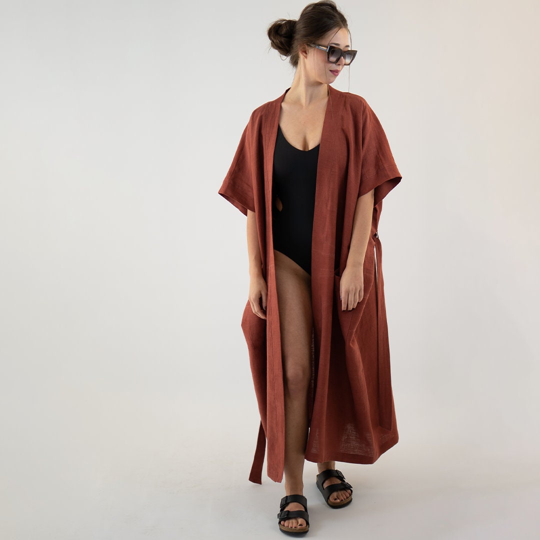 Frauen-Spa-Leinen-Bademäntel, Frauen-Leinen-Bademäntel, Frauen-Spa-Bademäntel, Übergrößen-Roben, Strand-Leinen-Langes Kleid, Leinen-Kimono-Bademäntel von zzlinen